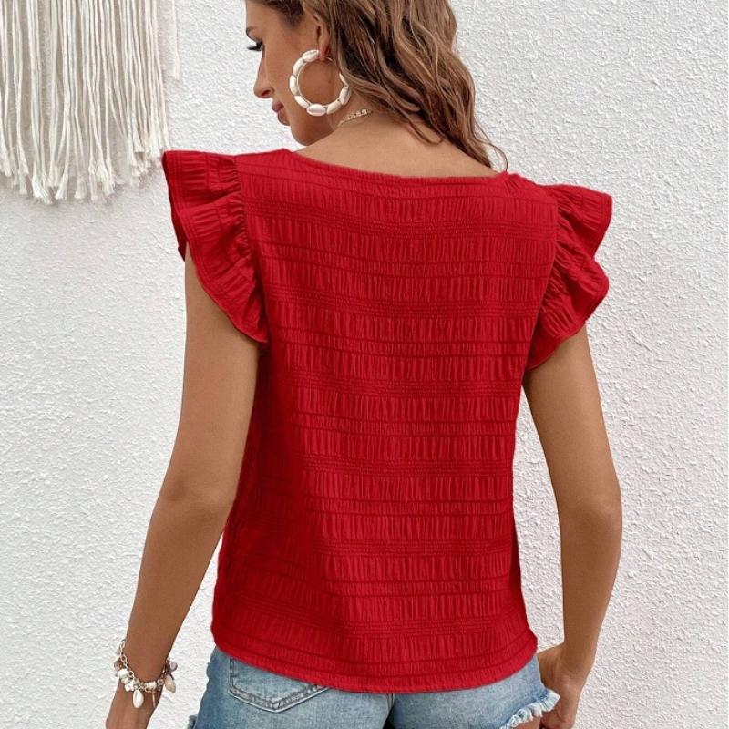 Spring and Summer New Square Neck Ruffled Women Shirt Tops Elegant Slim Fit Solid Flying Sleeve Blouse Women Loose Casual Shirts Female Clothing 26486