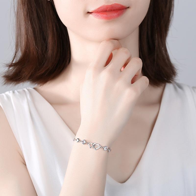 S999 Sterling Silver Heart-to-heart Double Heart Bracelet, Simple and Sweet Bracelet, Romantic Silver Bracelet