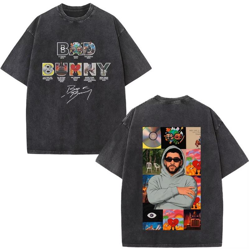 Rapper Bad Bunny Album Cover Washed Vintage T-shirt Debi Tirar Mas Fotos DTMF T Shirts Men Fashion Hip Hop Short Sleeve T-shirts