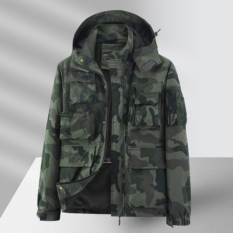 Men's Camouflage Workwear Jacket with Detachable Hood, Windbreaker for Spring/Autumn, Fashionable Loose Fit, Large Pockets
