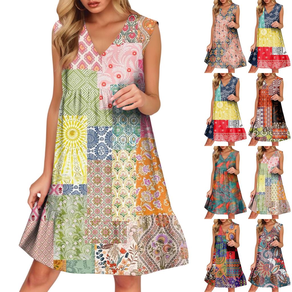 Women's Casual Fashion Breathable V-neck Vest With Pockets Floral Holiday Dress