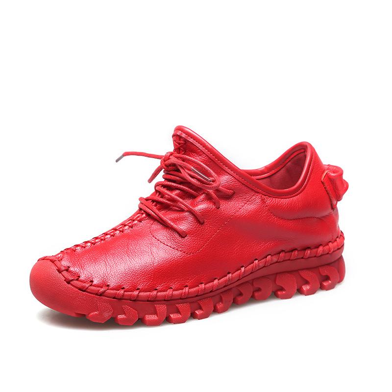 Fashion Handmade Genuine Leather Women Shoes Fashion Casual Sneakers Retro Flats Ladies Lacing Loafers Breathable Vulcanized Shoes
