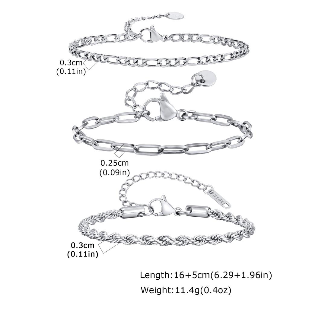 3pcs Men Thin Chain Bracelet,Never Fade Silver Color Twist Chain Wristband,Stylish Punk Jewelry Gift for Husband Father Son
