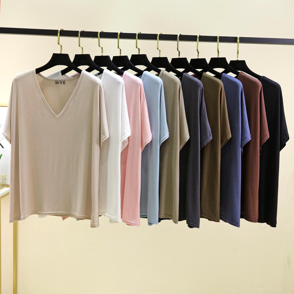 Women's Solid Color V-Neck Cotton Modal Short Sleeve Loose Top