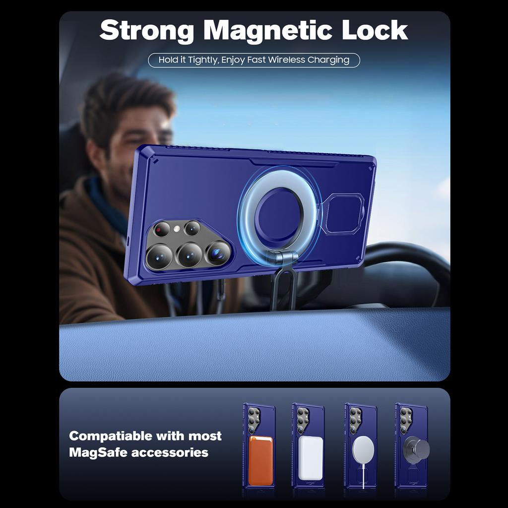 For Samsung Galaxy S25 Ultra With 360° Spin Stand,Military Grade Protection,Fit for Magsafe,Shockproof Case With Kickstand-Blue