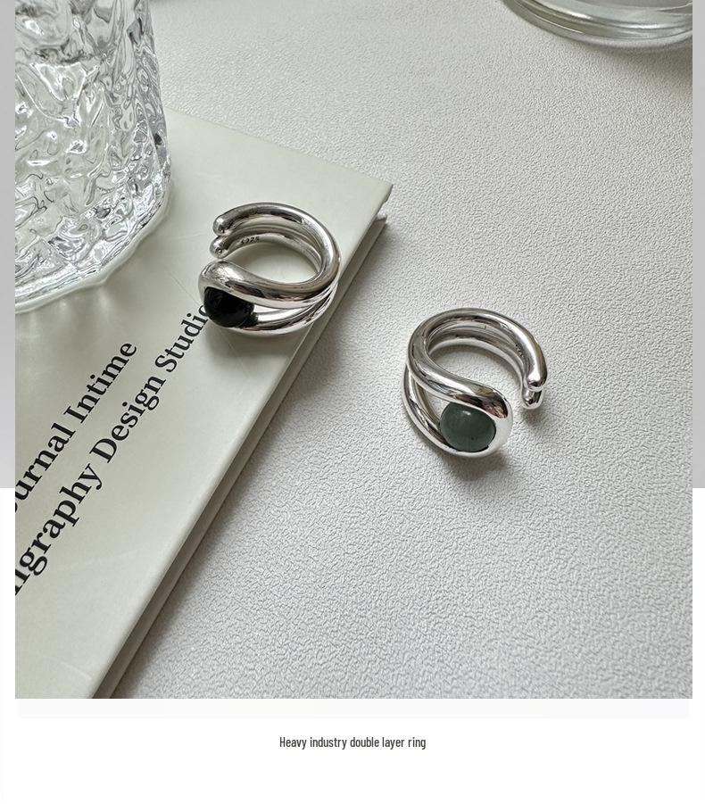 S925 Silver Korean Aventurine and Black Agate Statement Ring