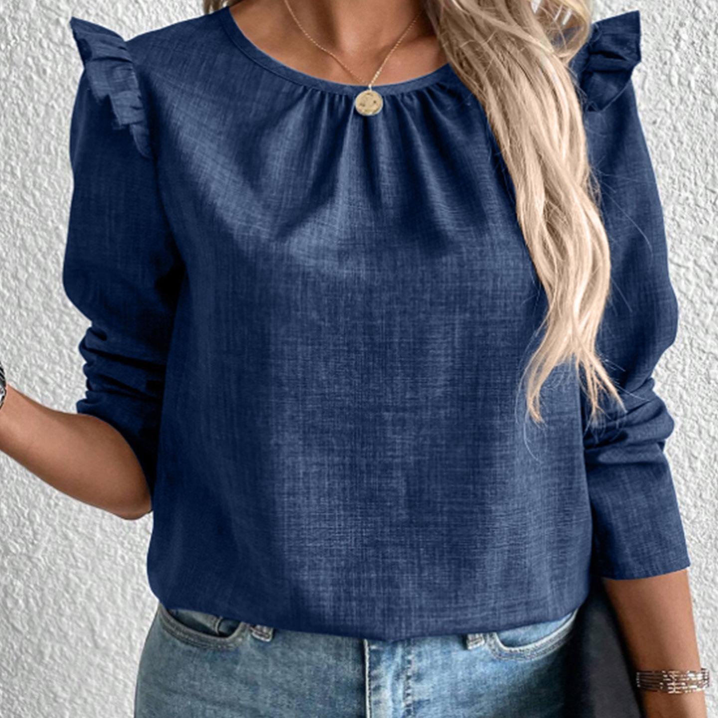 

QICED Осенне-зимняя женская однобортная модная футболка с длинным рукавом и однотонной спинкой XXXL тёмно-синий