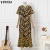 VONDA Summer Women O-Neck Print Back Lace-up Ruffled Hem Long Dresses