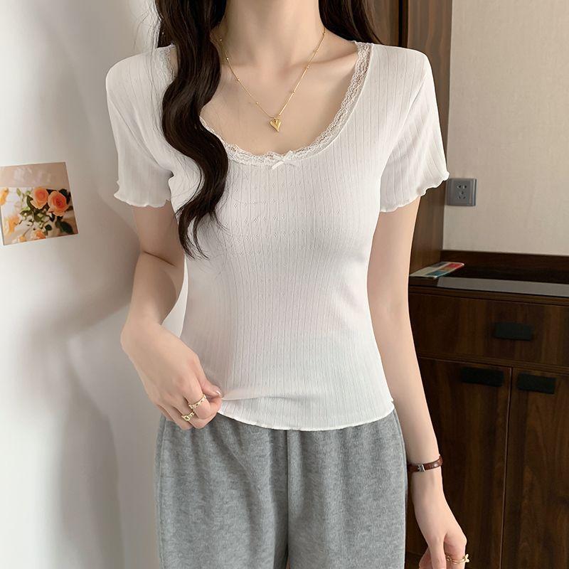 White Pure and Sweet Lace Slim Fit and Slim Bottoming for Women's Spring and Summer Front Shoulder Inner Wear Design Short-sleeved T-shirt Top