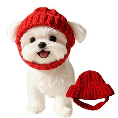 Red Knitted Dog Hat Winter Warm Pet Dog Hat Knit Yarn Cap with Ear Holes for Small Dogs Puppies Christmas Party Festive Photo Shoots