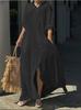 European and American Casual Pocket Shirt Collar Long Cotton Linen Maxi Dress in Plus Sizes, 2023.