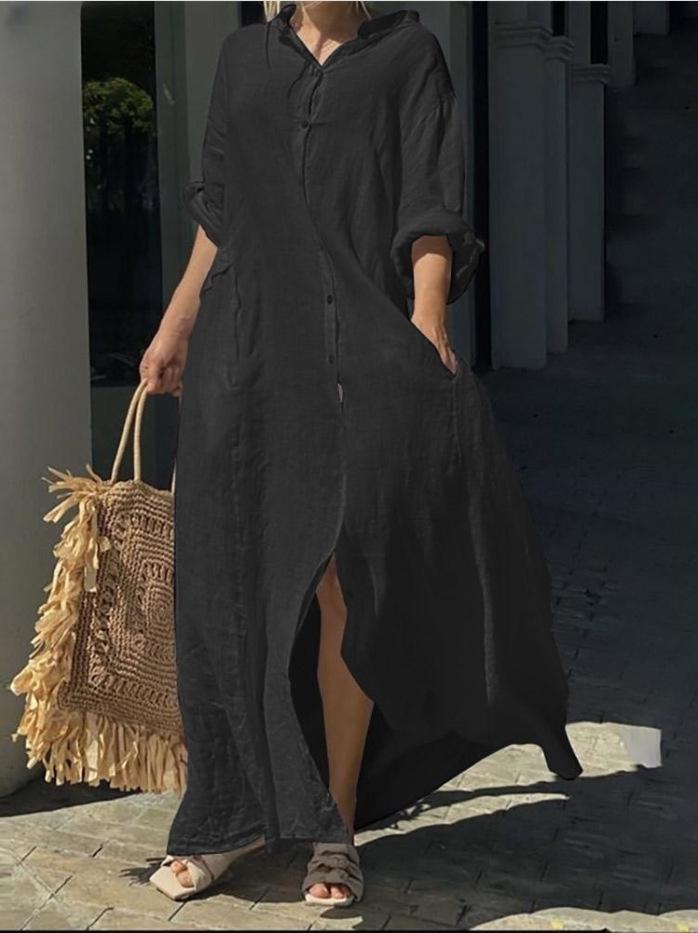 European and American Casual Pocket Shirt Collar Long Cotton Linen Maxi Dress in Plus Sizes, 2023.