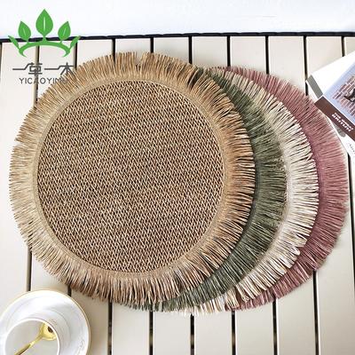 Handmade Paper Woven Round Placemat Non-Slip Heat Resistant Coaster for Dining Table Home Decor with Tassel Edge