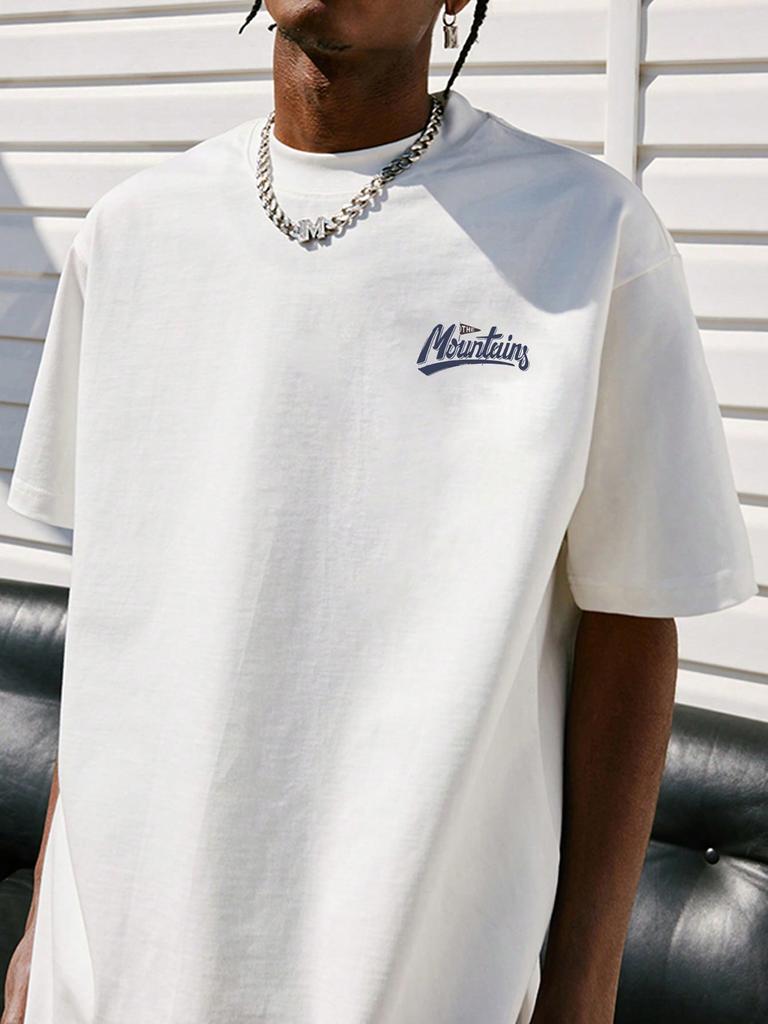 Men's Summer Slogan & Mountains Print Round Neck Short Sleeve Casual T-Shirt