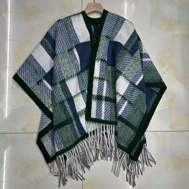 

Большой размер, средний и длинный, с бахромой, накидка, шаль, женская клетчатая накидка, жакет, многофункциональный шарф, вязаный кедр 1291 One size зелёный