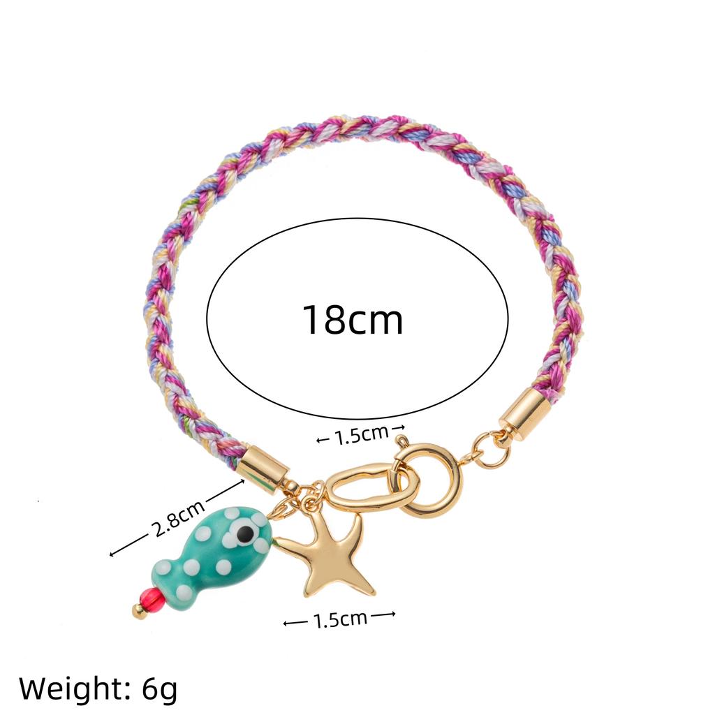 18K gold-plated stainless steel fish and starfish charm colorful woven rope bracelet, summer beach bohemian women's jewelry