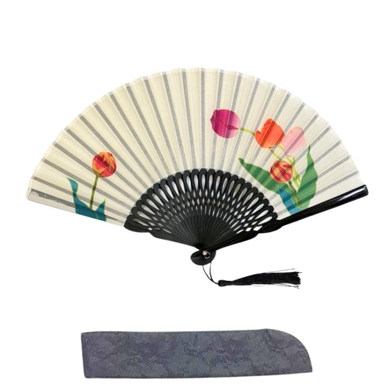 

silk fan from a kimono with lace fan gift [Acacia Style] High-quality shop, ladies , case, boxed, (23A1 Tulip)