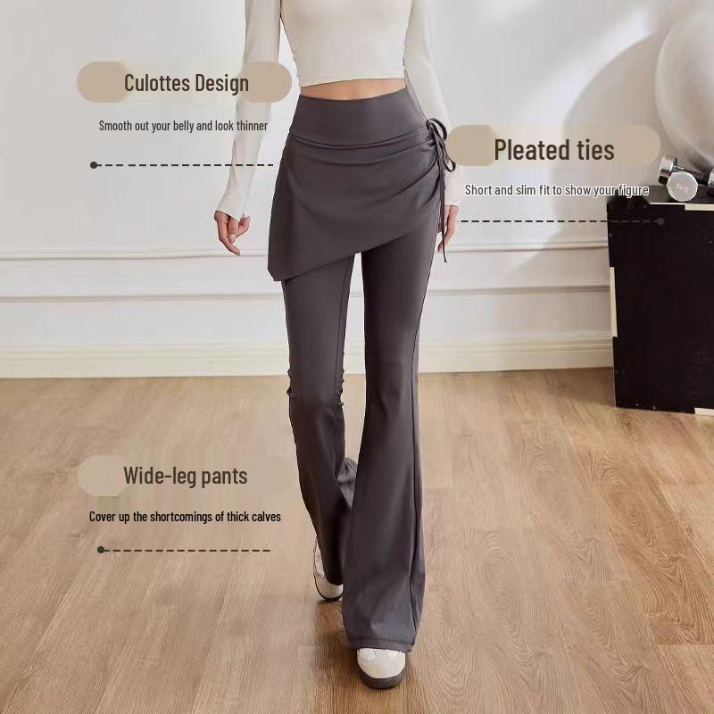 Women's Anti-Light Leakage High-Waisted Butt-Lifting Yoga Pants, Fake Two-Piece Culottes, Slight Flare, Perfect for Spring & Autumn Pilates Fitness.