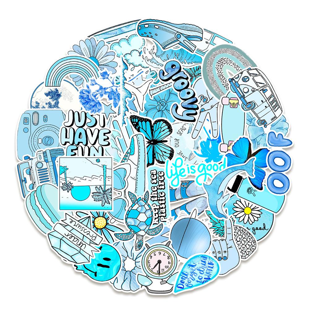 50 New Blue Small Fresh Graffiti Stickers Water Cup Mobile Phone Computer Waterproof Stickers