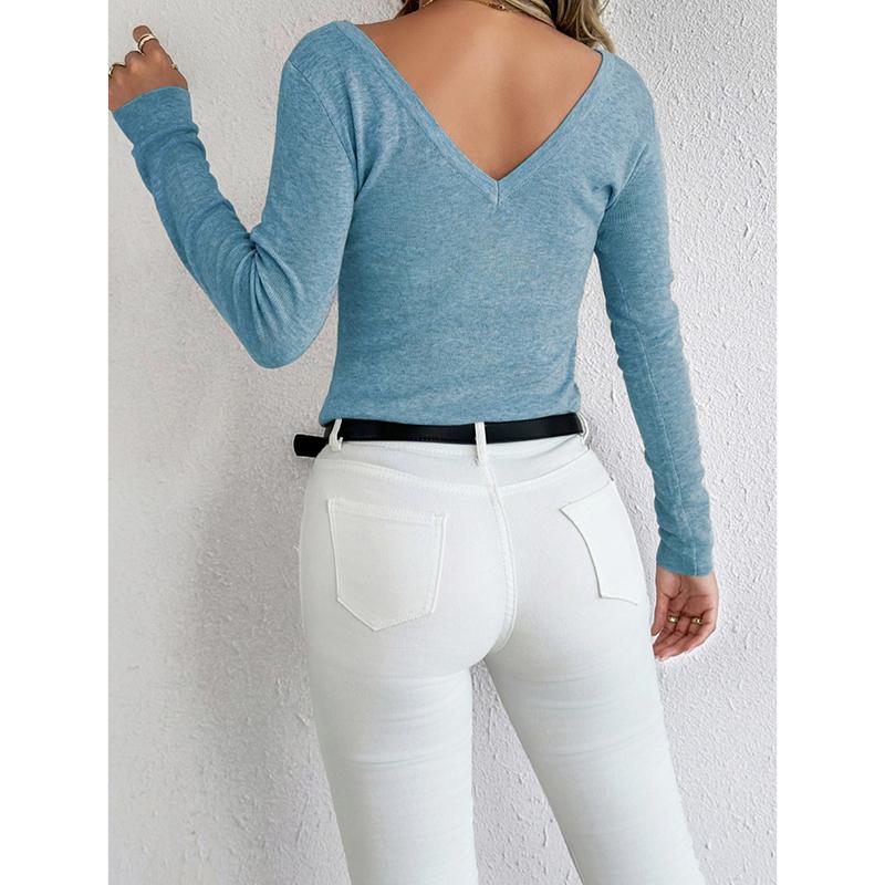 New Reversible V-Neck Long Sleeve Knitted Top Solid Color Round Neck Wool Blend Pullover Sweater Base Shirt