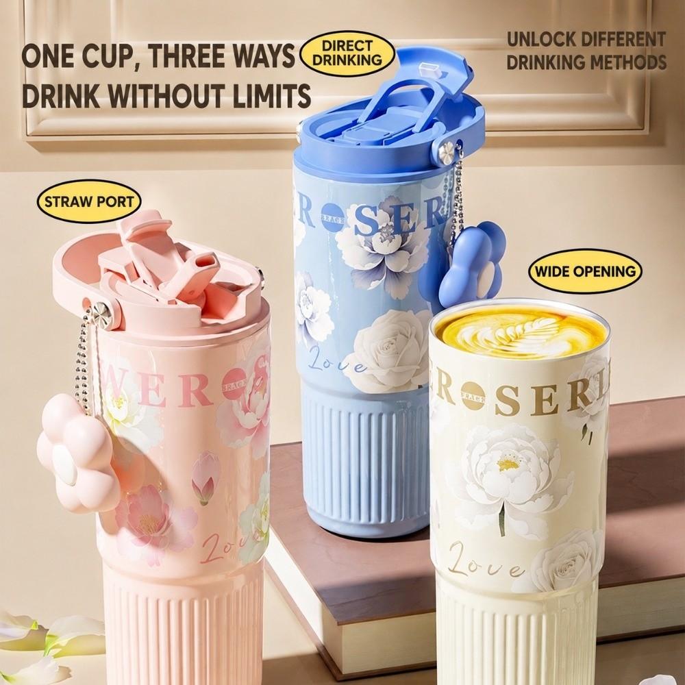 Leakproof Insulated Thermal Cup Floral Printing Vacuum Mug Stainless Steel Tumbler for Lady Girls