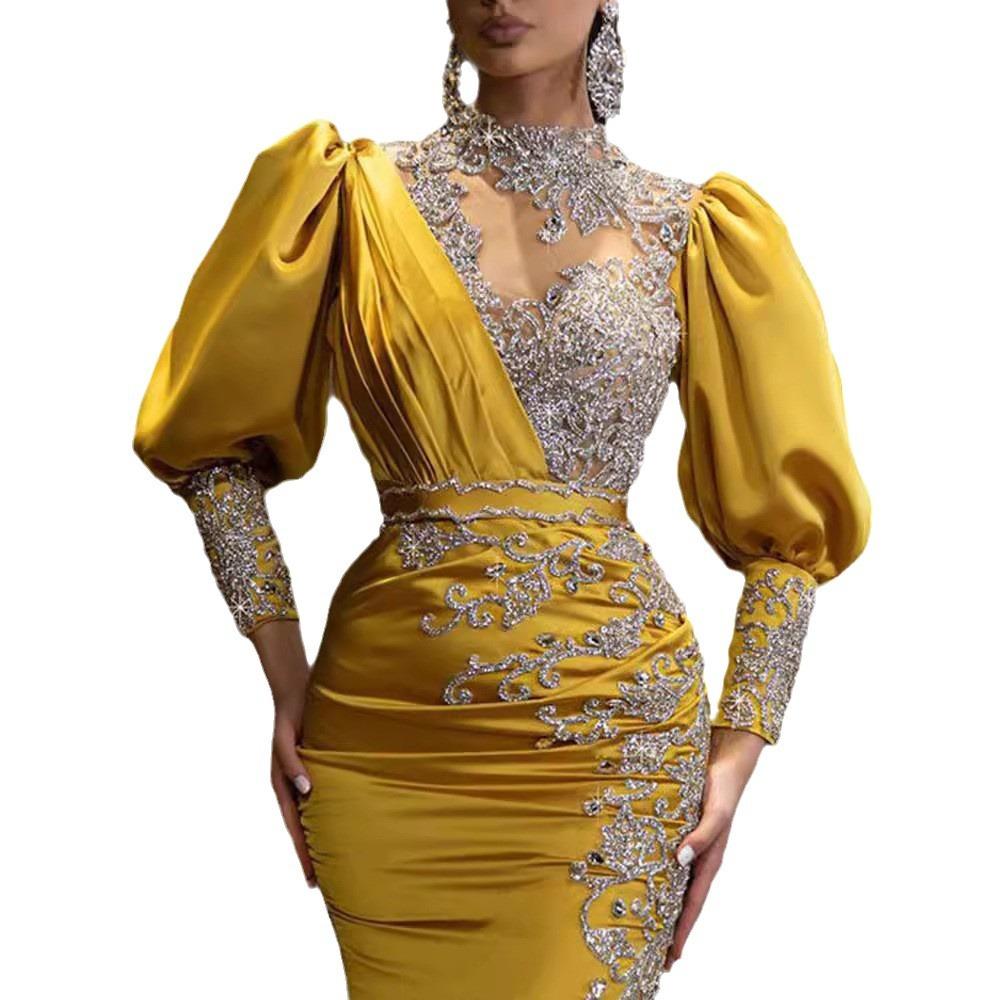 2025 Spring New European and American Gold-sprinkled Women's Wedding Dress Satin Pendulum Sexy Long Dress Trailing Banquet Evening Dress