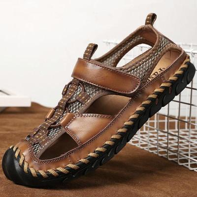 Men Sandals Hand-sewn Men Casual Shoes Pu Leather Sandals Slippers Hollow Out Outdoor Beach Shoes