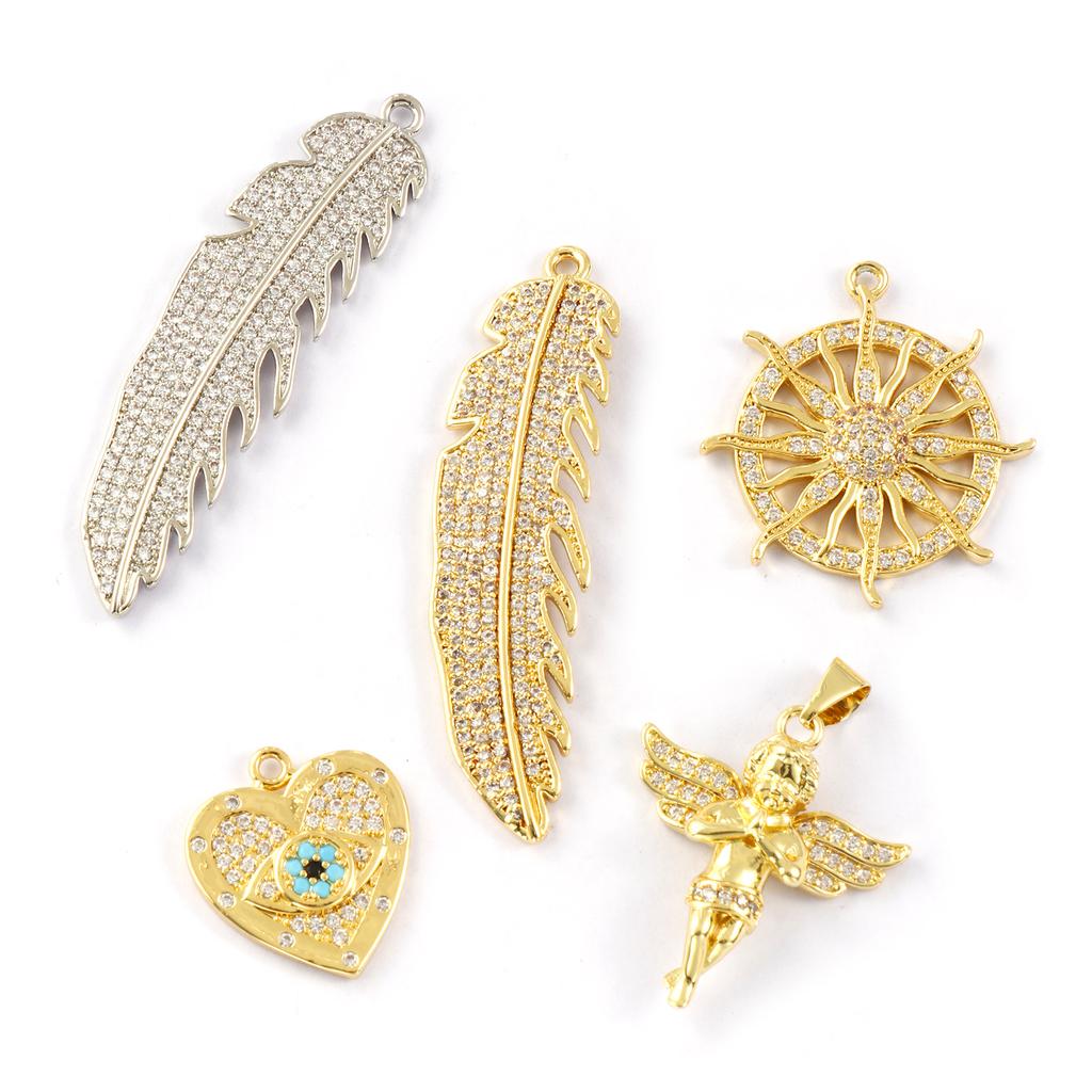 1 Piece Brass & Cubic Zirconia Charms 18K Gold Plated Micro Pave Heart Sun Angel Feather Pendants DIY Necklace Keychains Making