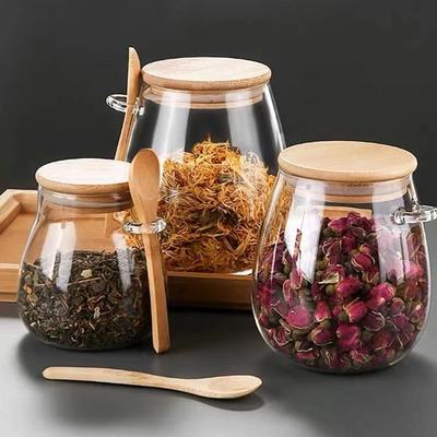 Pote de Tempero de Vidro Borossilicato com Tampa de Bambu e Colher - Recipiente de Cozinha Hermético para Grãos e Chá