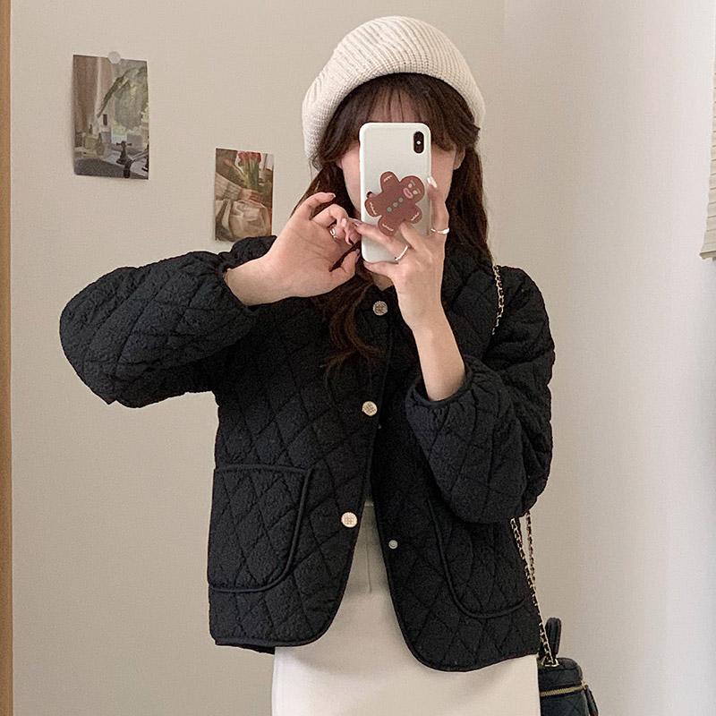 Women's Autumn Winter O Neck Long Sleeve Button Big Pocket Short Warm Parka Chic Jacket