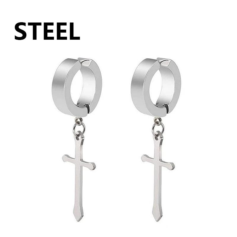 1Pair Unisex Punk Fashion Cross Pendant Ear Clip Non-Piercing Earrings Fake Earrings Gift for Men Women Jewelry Daily Wear