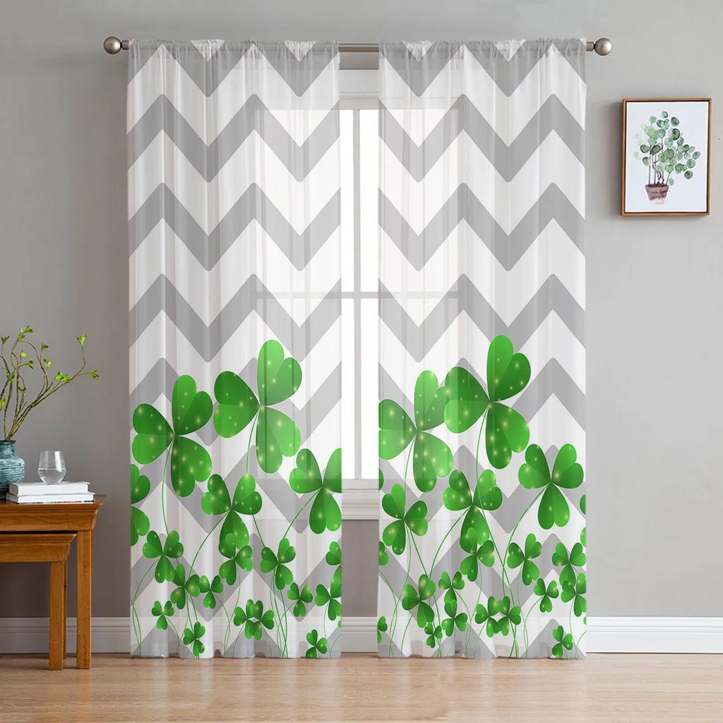 St Patrick Day Curtains Living Room Kitchen Clover Leaves Tulle Luck Wealth Irish Design Chiffon Curtain Light Filtering Polyester Area Window