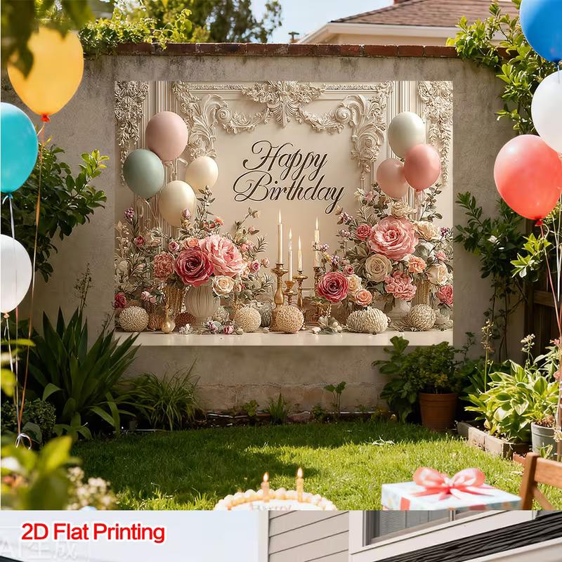 2D Cream Aesthetic Birthday Banner, Pastel Balloons and Floral Arrangement