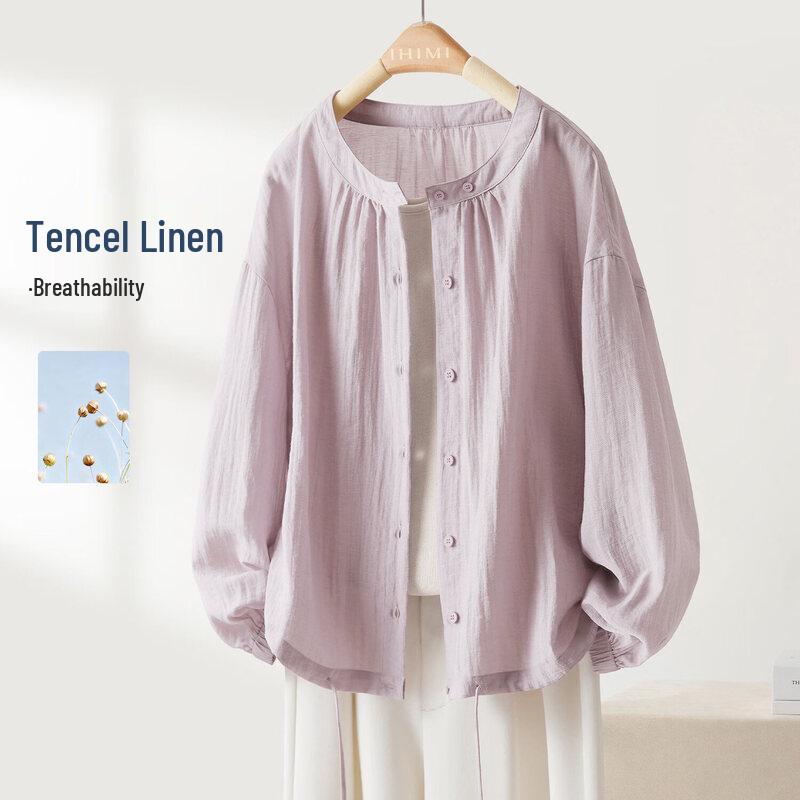 IHIMI Women s Tencel Linen Texture Round Neck Shirt XL
