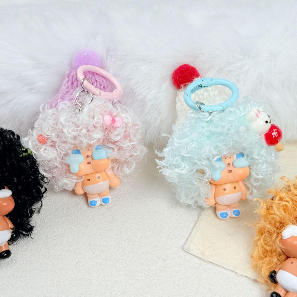 Cartoon Explosion Head Doll Keychain - New Wig Bag Charm & Phone Accessory