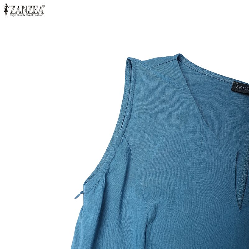 ZANZEA Γυναικείο μονόχρωμο αμάνικο φόρεμα casual με στρογγυλή λαιμόκοψη