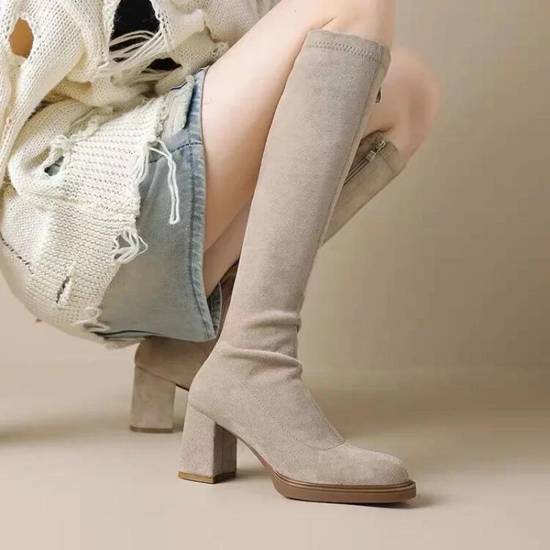

fashion Women s Shoes 2024 High Quality Side Zip Women s Boots Winter Round Toe Suede Solid High Tube Chunky Heels Fashion Boots Zapatos 35 чёрный