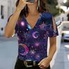 Women V Neck Cold Shoulder Blouse Black Background Colorful Star Print Short Sleeve Top