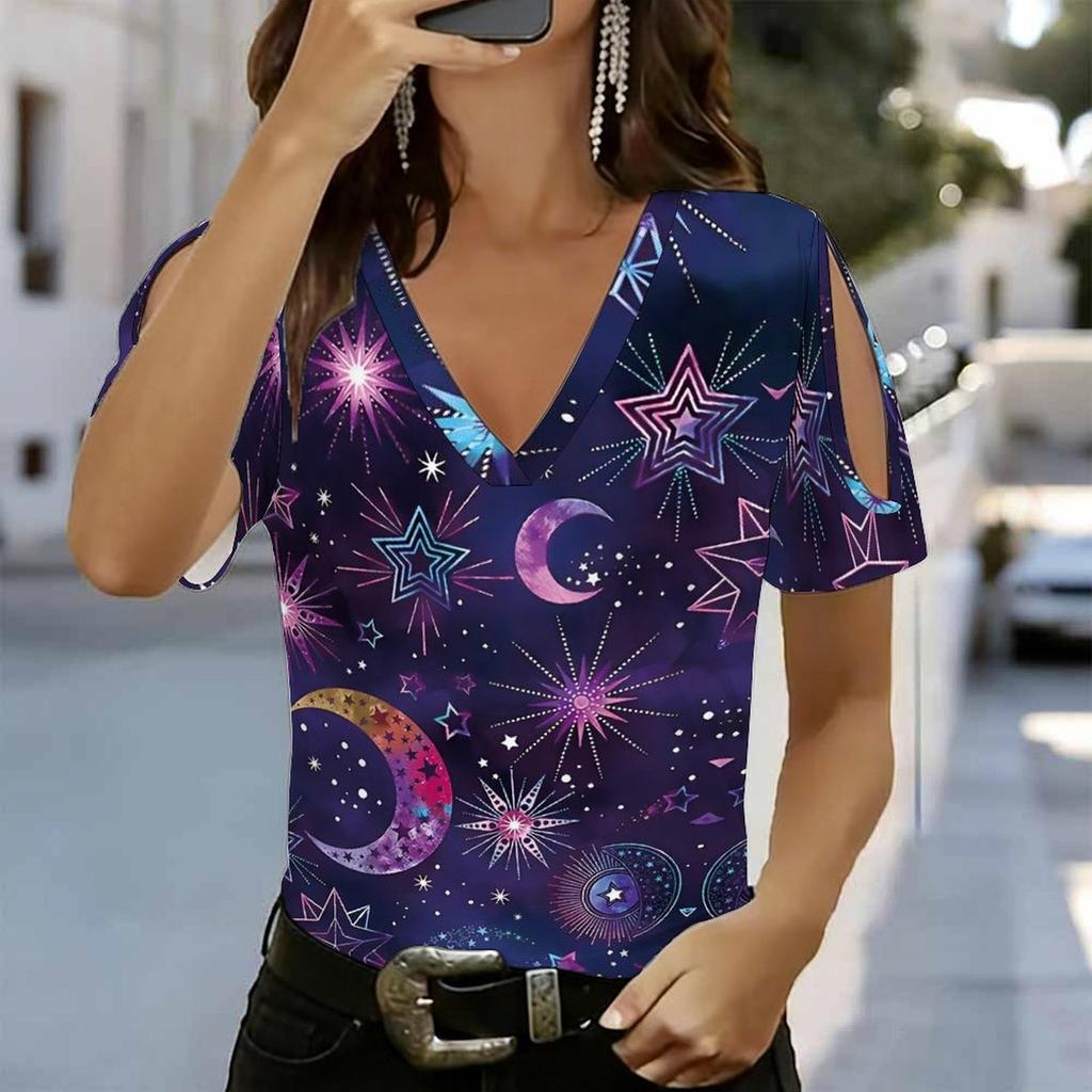 Women V Neck Cold Shoulder Blouse Black Background Colorful Star Print Short Sleeve Top