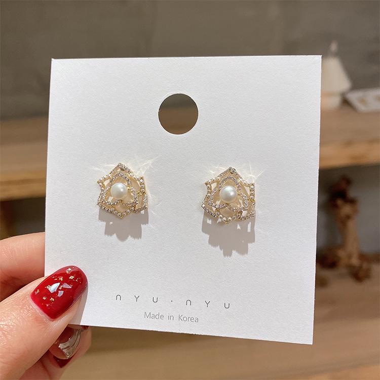 Korea Fashion Jewelry Exquisite AAA Zircon Pearl Hollow Flower 14K Real Gold Earrings Elegant Women's Daily Camellia Earring