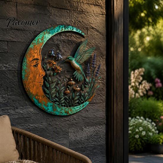 Durable Metal Craft for Garden Vintage Crescent Moon Wall Art, Fairy Witch Bee Dragonfly Iron Hanging Rustic Turquoise Home Accents Decor, Sculpture