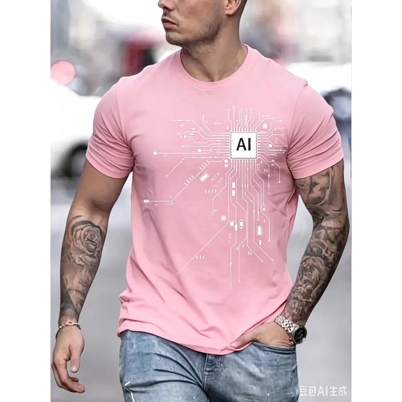 2026 New Men's AI Circuit Board Print T-shirt Gradient Crew Neck Short Sleeve Casual Tee for Streetwear Summer Breathable Tops