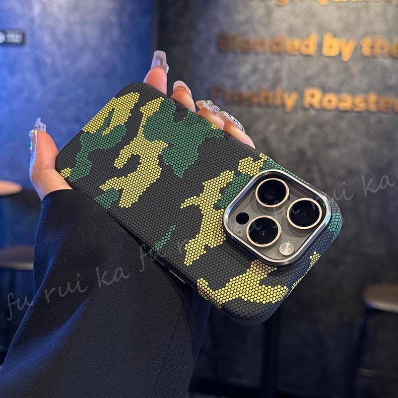 Camouflage Magnetic Attraction for iPhone16 Kevlar Pattern Mobile Phone Case Apple 15 Metal Lens All-inclusive Protective Case 14