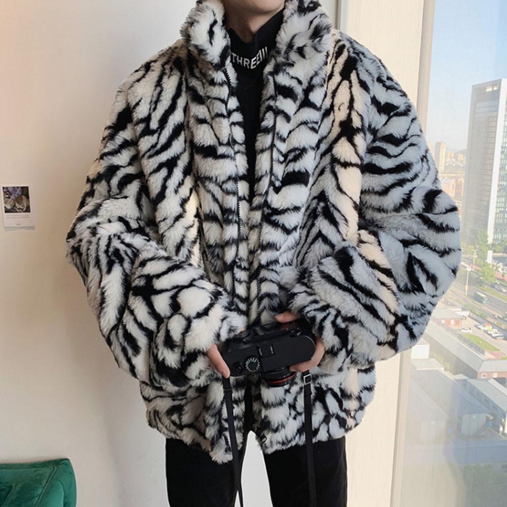 Men Leopard Winter Warm Fashion  Outdoor Woolen Faux-Fur' Coat Collar OverCoat