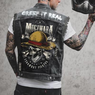 2439 * de oase de craniu pentru motocicletă uzată imprimată, ocazională, vestă de blugi, stil bărbătesc