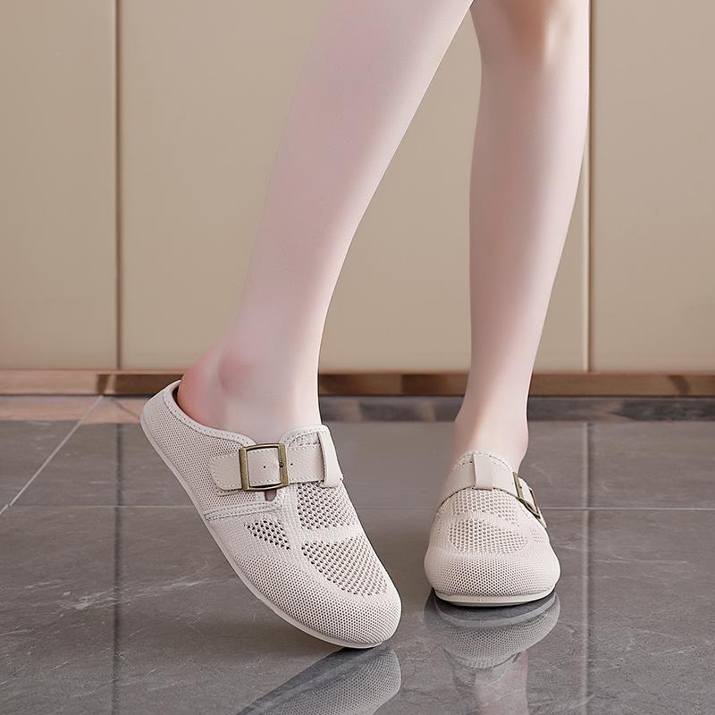 Fashion Round Head Flat Sandals Summer New Bao Head Deep Mouth Mesh Cloth Breathable Metal Buckle Soft Sole Non-slip Slippers