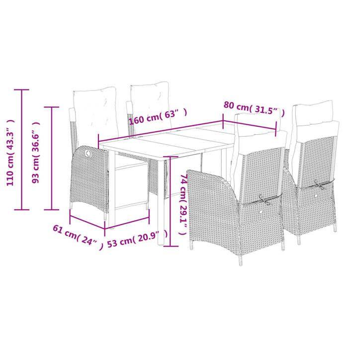 VidaXL Ensemble à Manger de Jardin avec Coussins 5 pcs, Table et Chaises avec Dossier Réglable, Meubles d'Extérieur, 3213402
