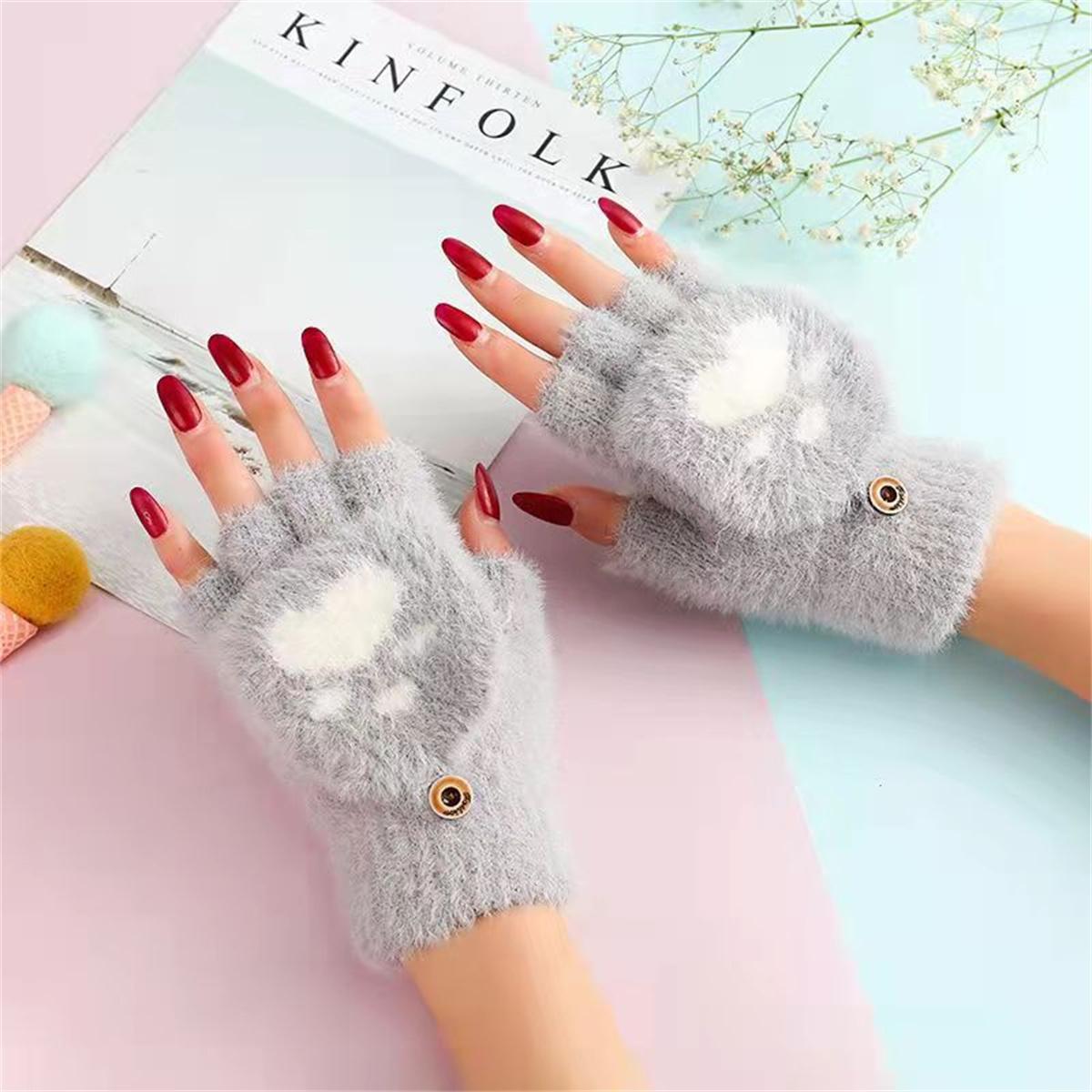 

Плюшевые варежки-лапки медведя из искусственной норки с кошачьими лапками, без пальцев, откидные, для студентов, животный плюш, для письма зимой, теплые, мультяшный стиль, для взрослых