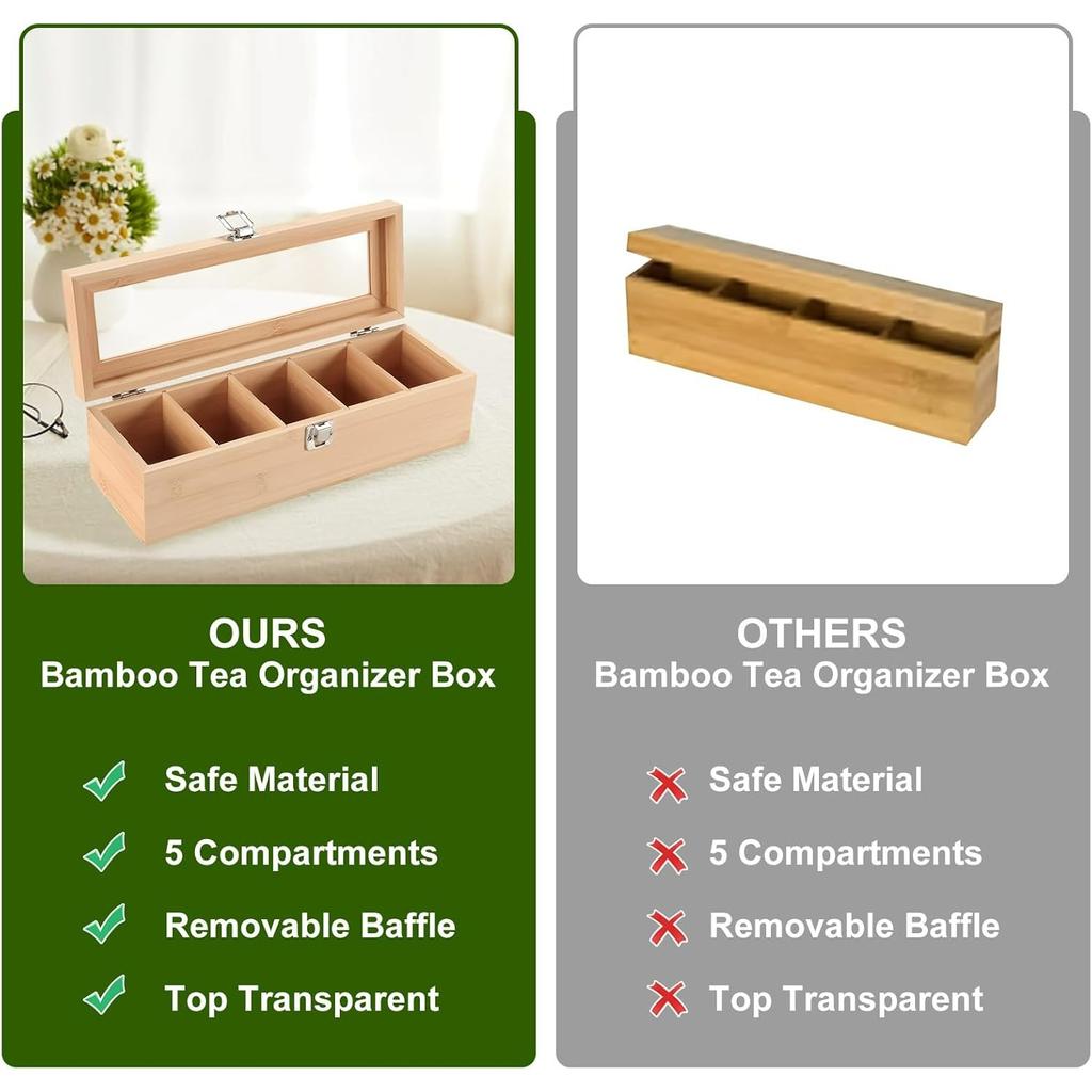 Tea Box,Wooden Detachable partition Tea Storage Box,Tea Bag Box Tea Bag Organizer with 5 compartments,Tea Box Organiser Storage,Tea Chest Container