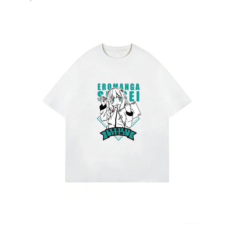 Übergroßes T-Shirt Schwarz Eromanga Sensei Anime-Charakter-Druck mit Text für Freizeitkleidung und Anime-Fans